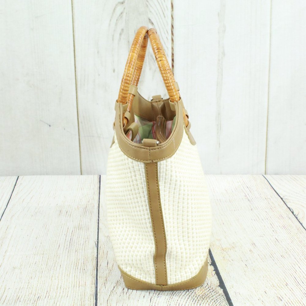 Fossil White Basket Weave Wood Round Handle Leather Trim Satchel Tote Bag Purse - Picture 2 of 10